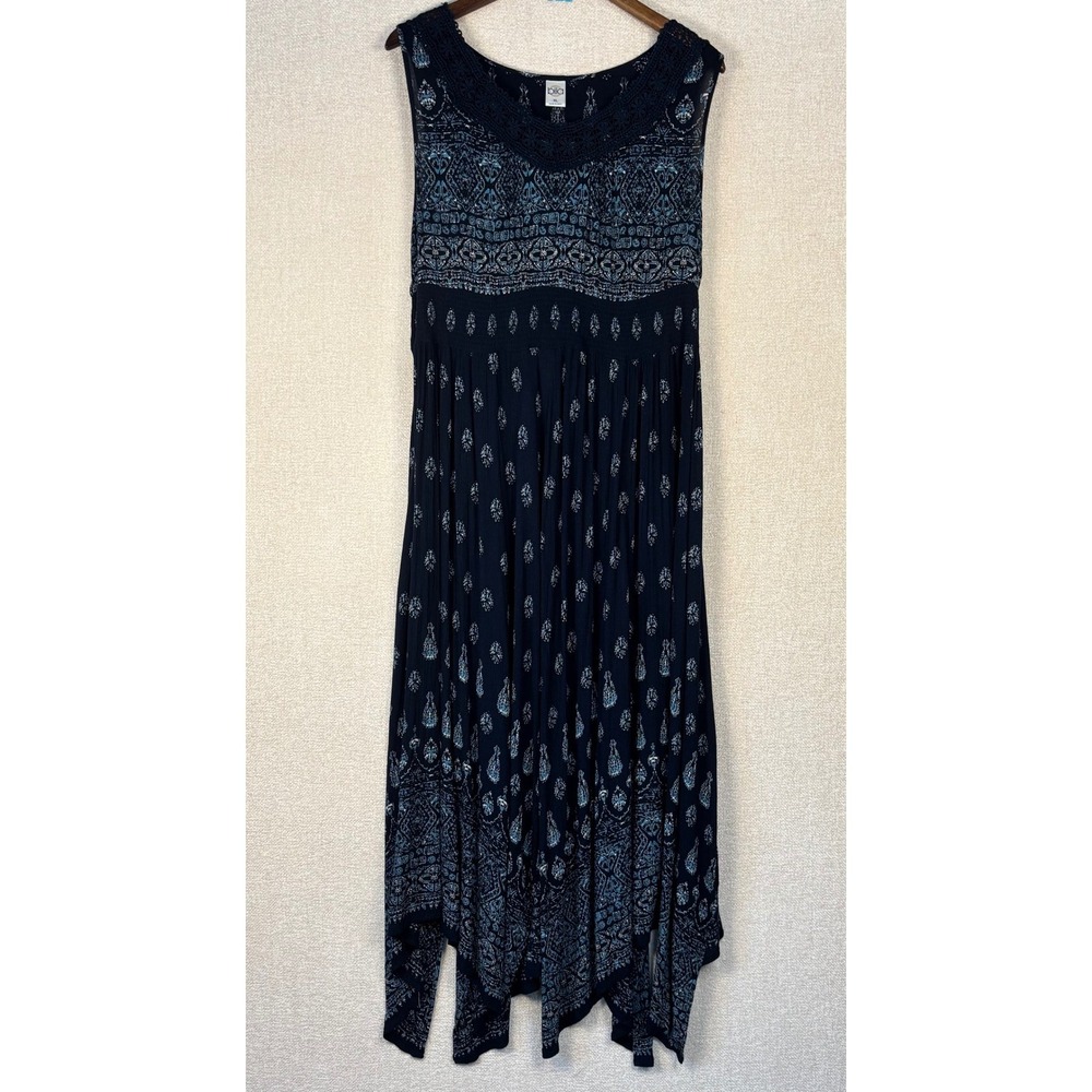 Bila Womens M-L(?) Navy Boho Sleeveless Handkerchief Hem Maxi Dress Smocked